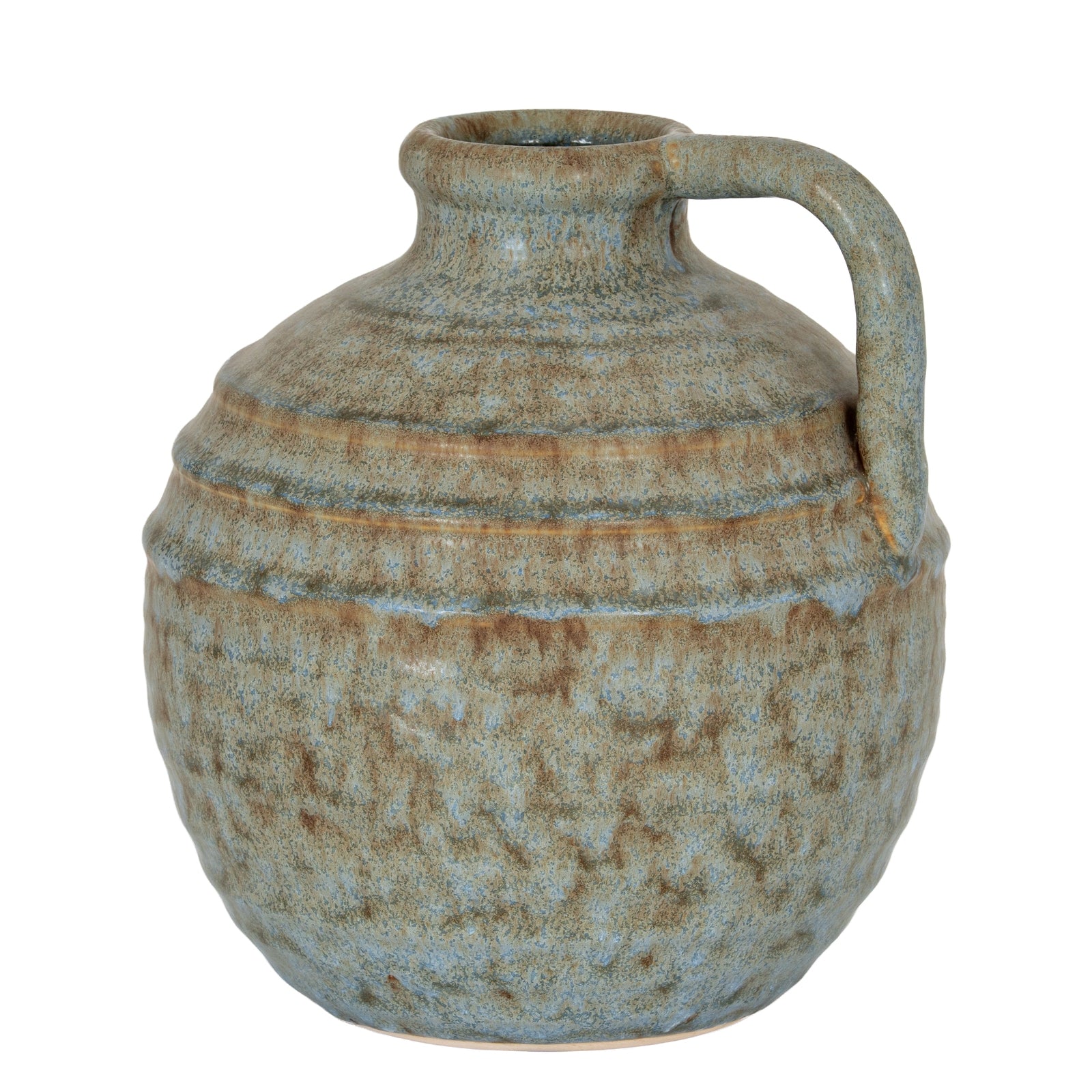 Ceramic jar with a handle on a white background