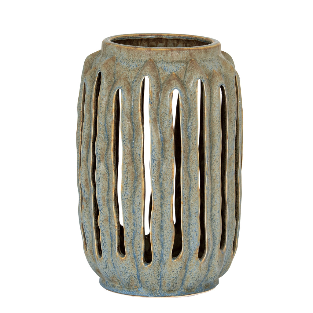 Ceramic vase with textured design on a white background