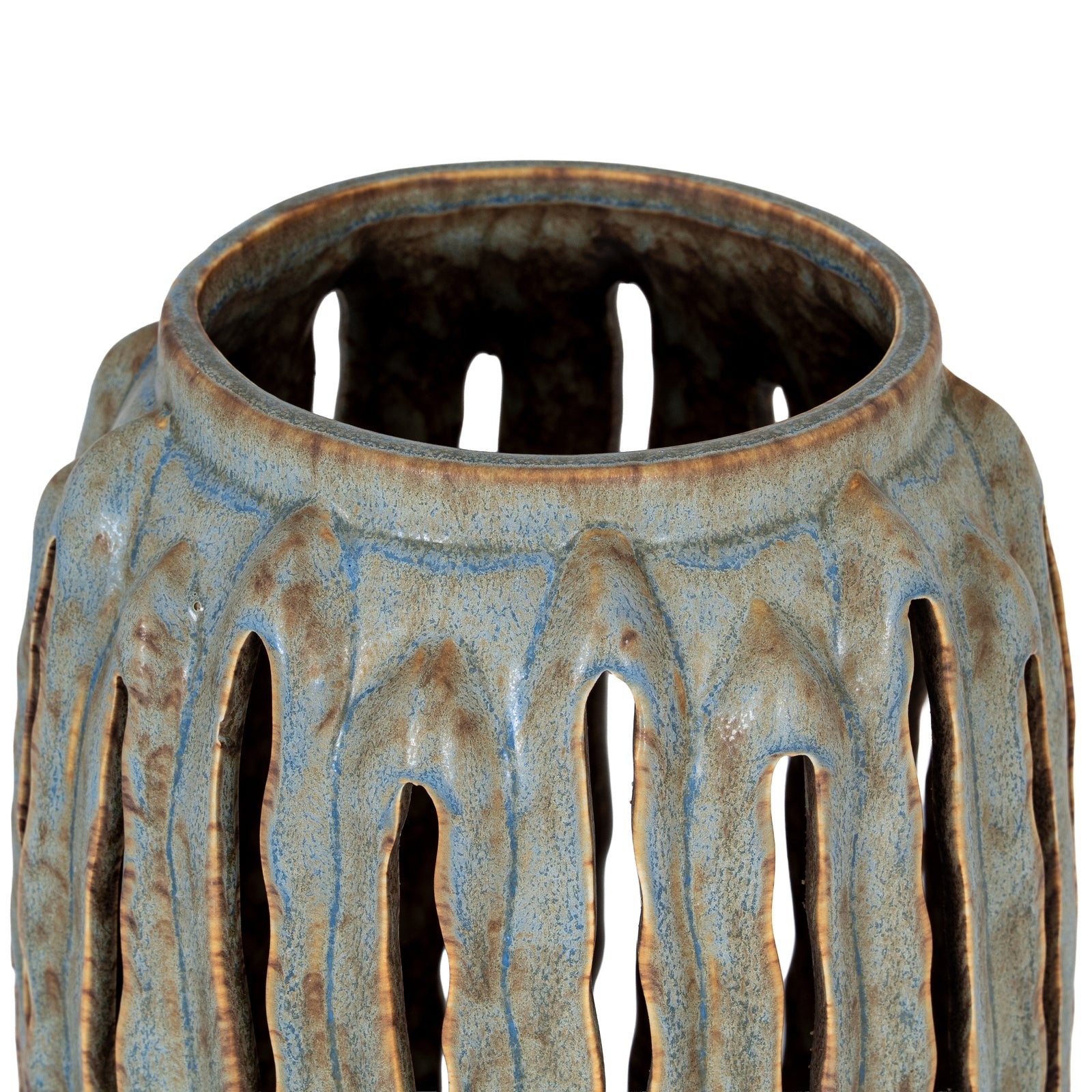 Decorative ceramic vase with textured surface and cut-out patterns on a white background
