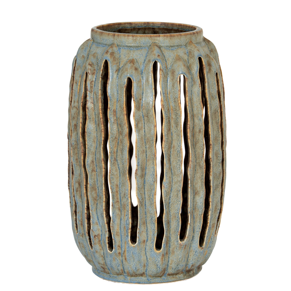 Ceramic vase with textured design on a white background