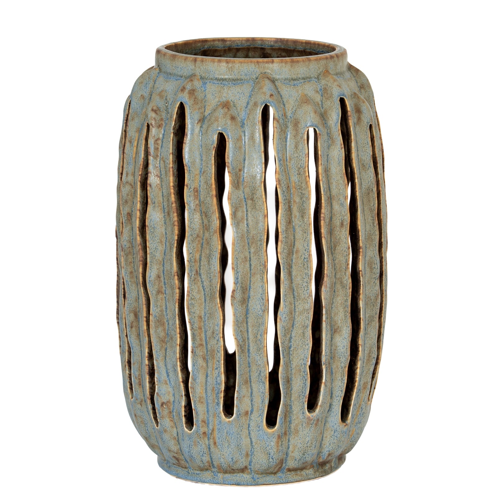 Ceramic vase with textured design on a white background