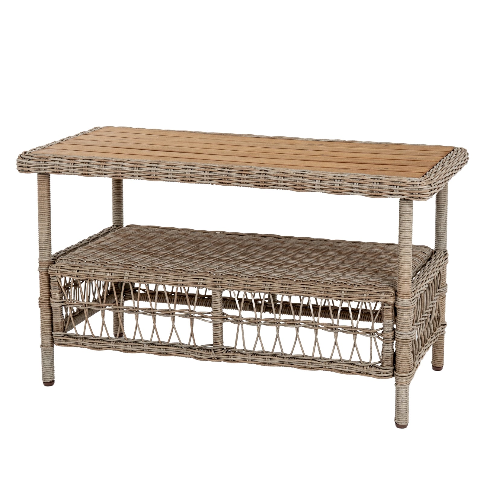 Wicker console table with a wooden top on a white background