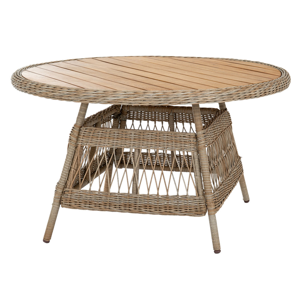 Round wicker table with wooden top on a white background