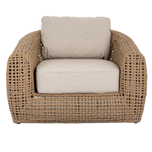 Wicker armchair with beige cushions on a white background