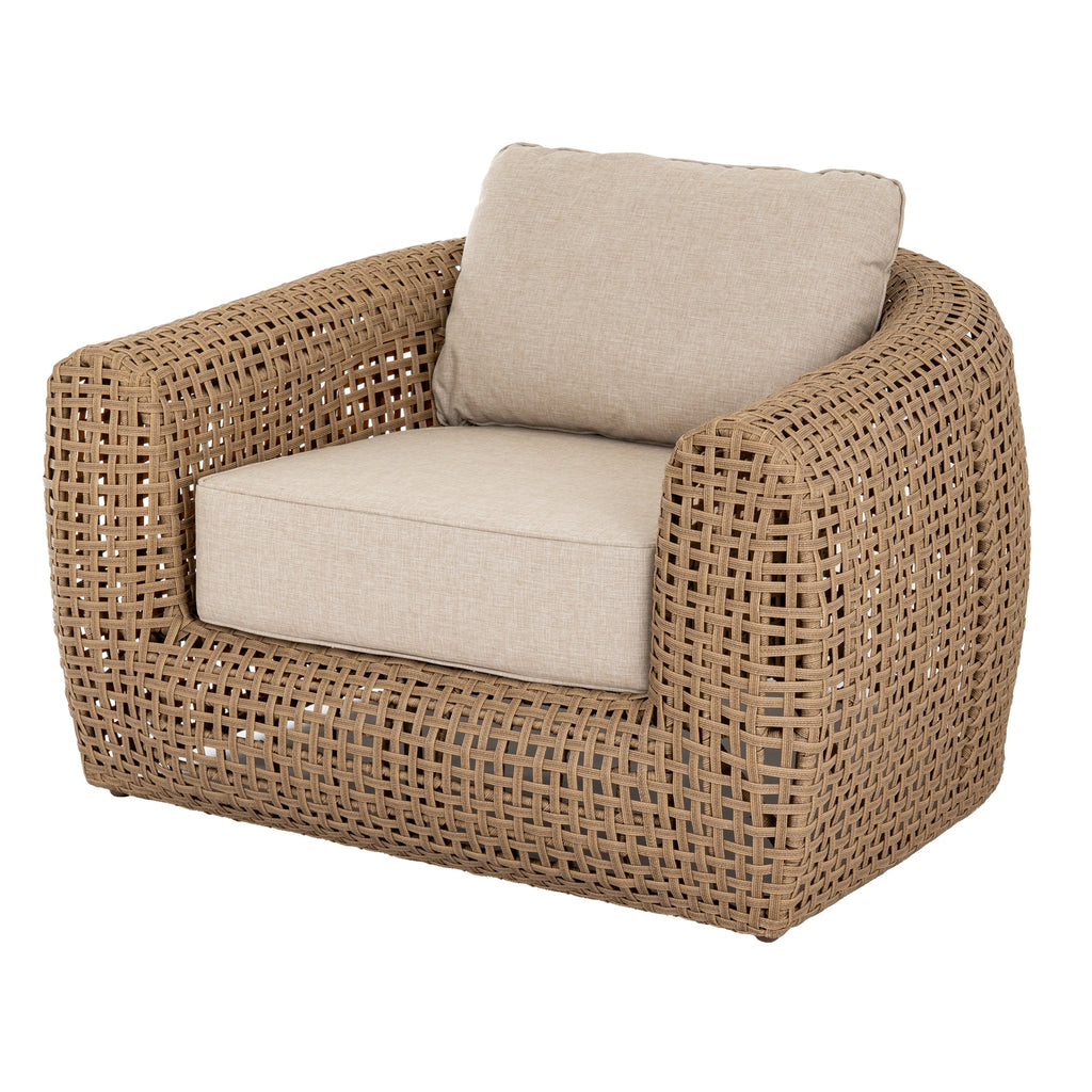 Wicker armchair with beige cushion on a white background