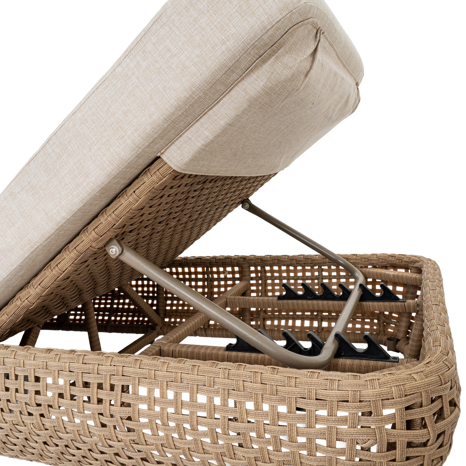 Wicker chair with beige cushion on a white background