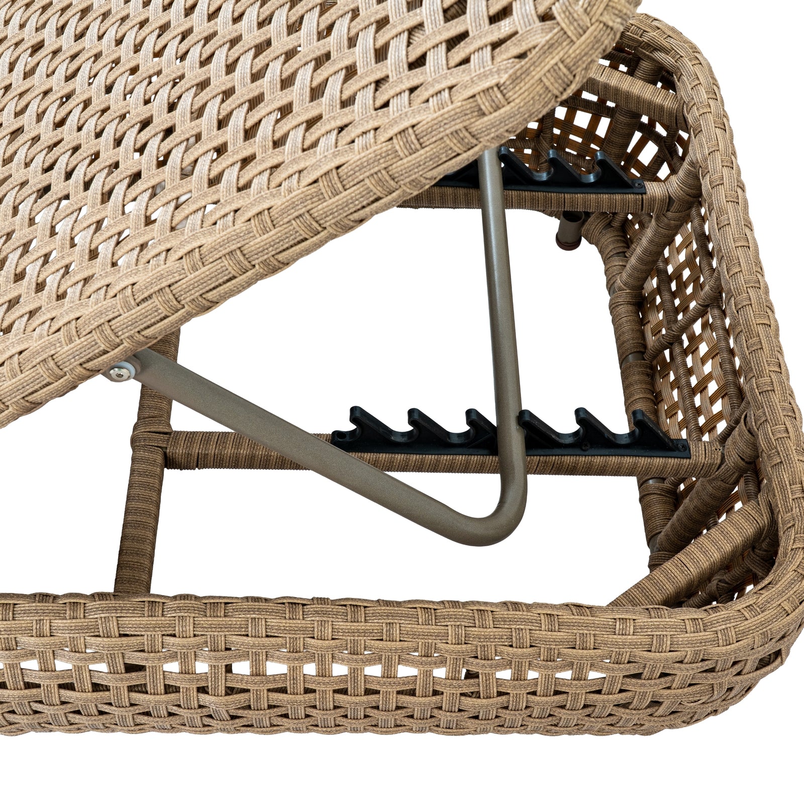 Close-up of a wicker chair with woven pattern and metal frame on a white background