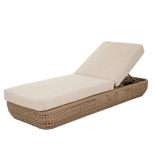 Beige cushioned lounge chair with wicker frame on a white background