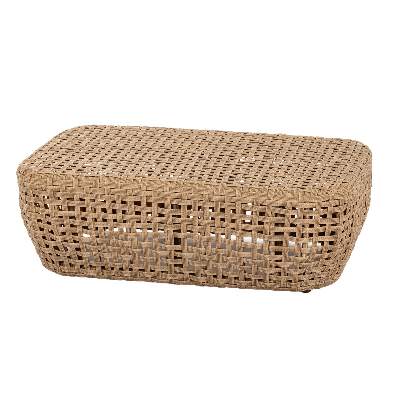 Woven rattan ottoman on a white background