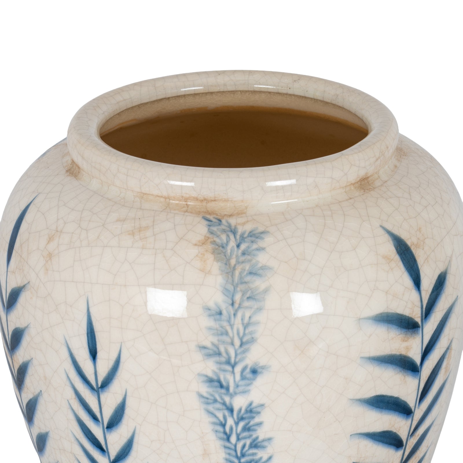 Ceramic jar with blue leaf patterns on a white background