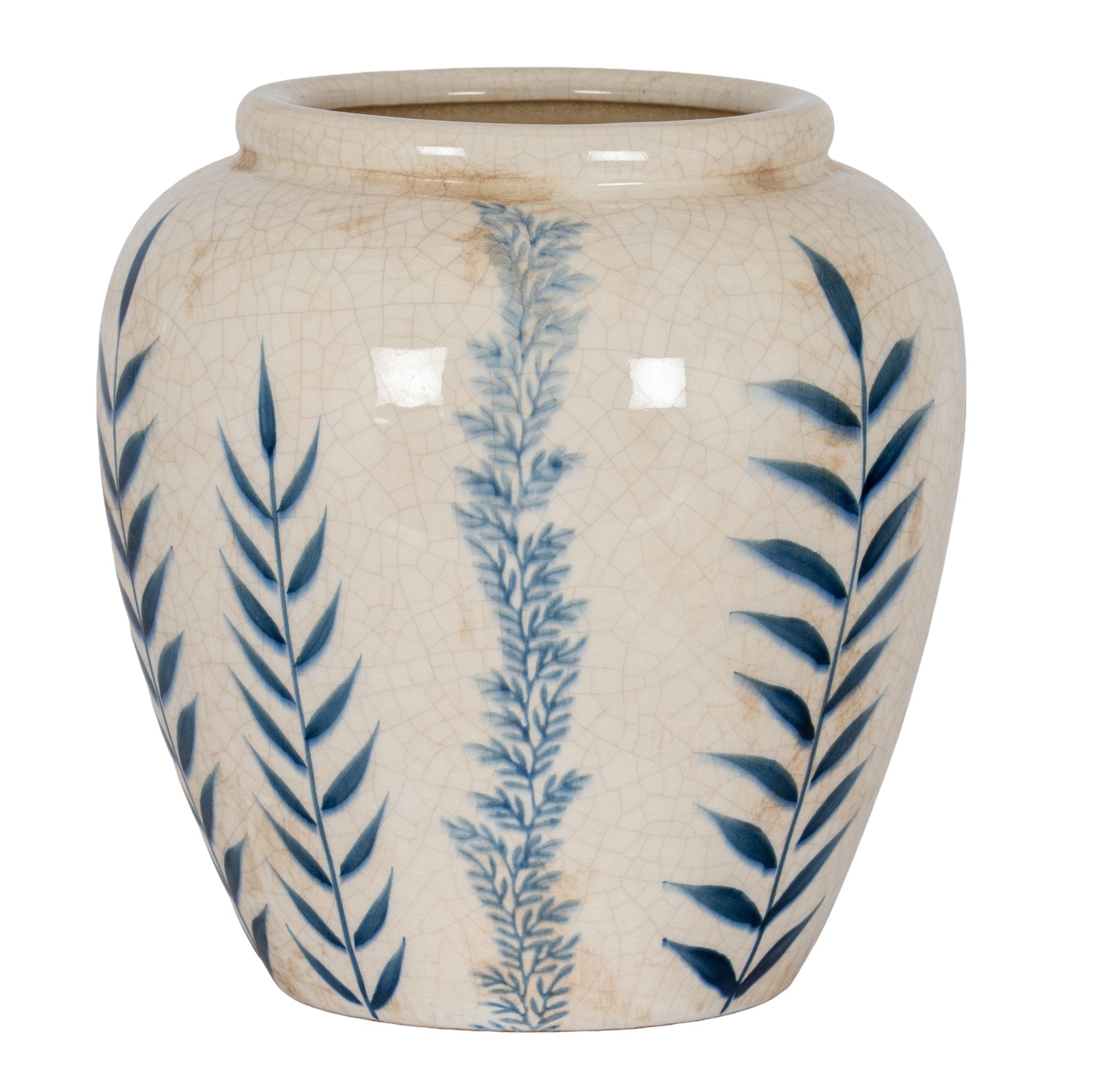 Ceramic vase with blue leaf patterns on a white background