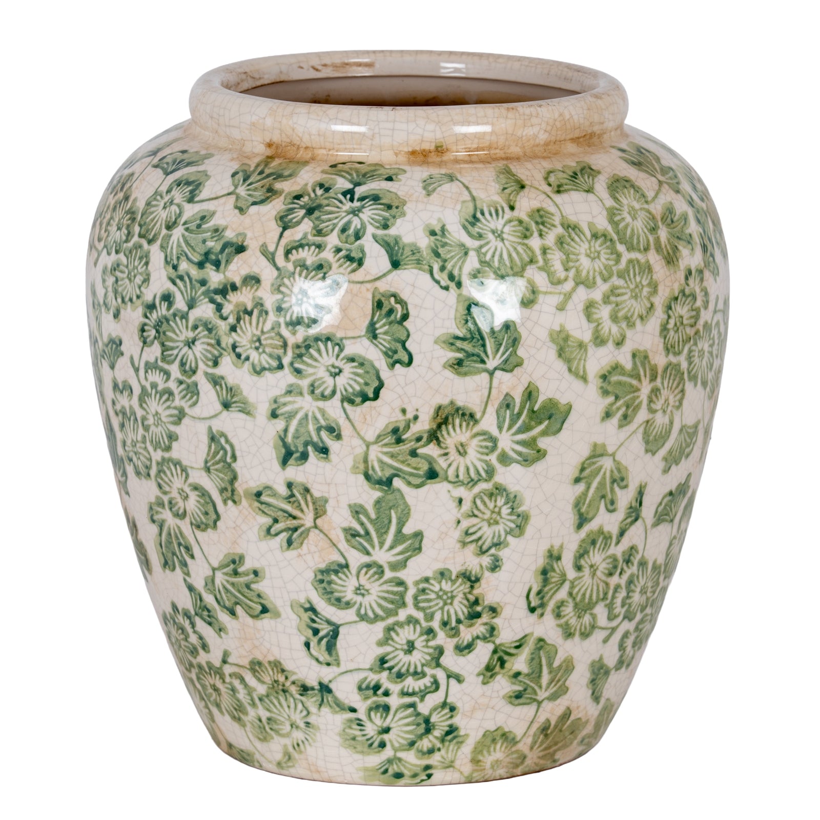 Ceramic vase with green floral pattern on a white background