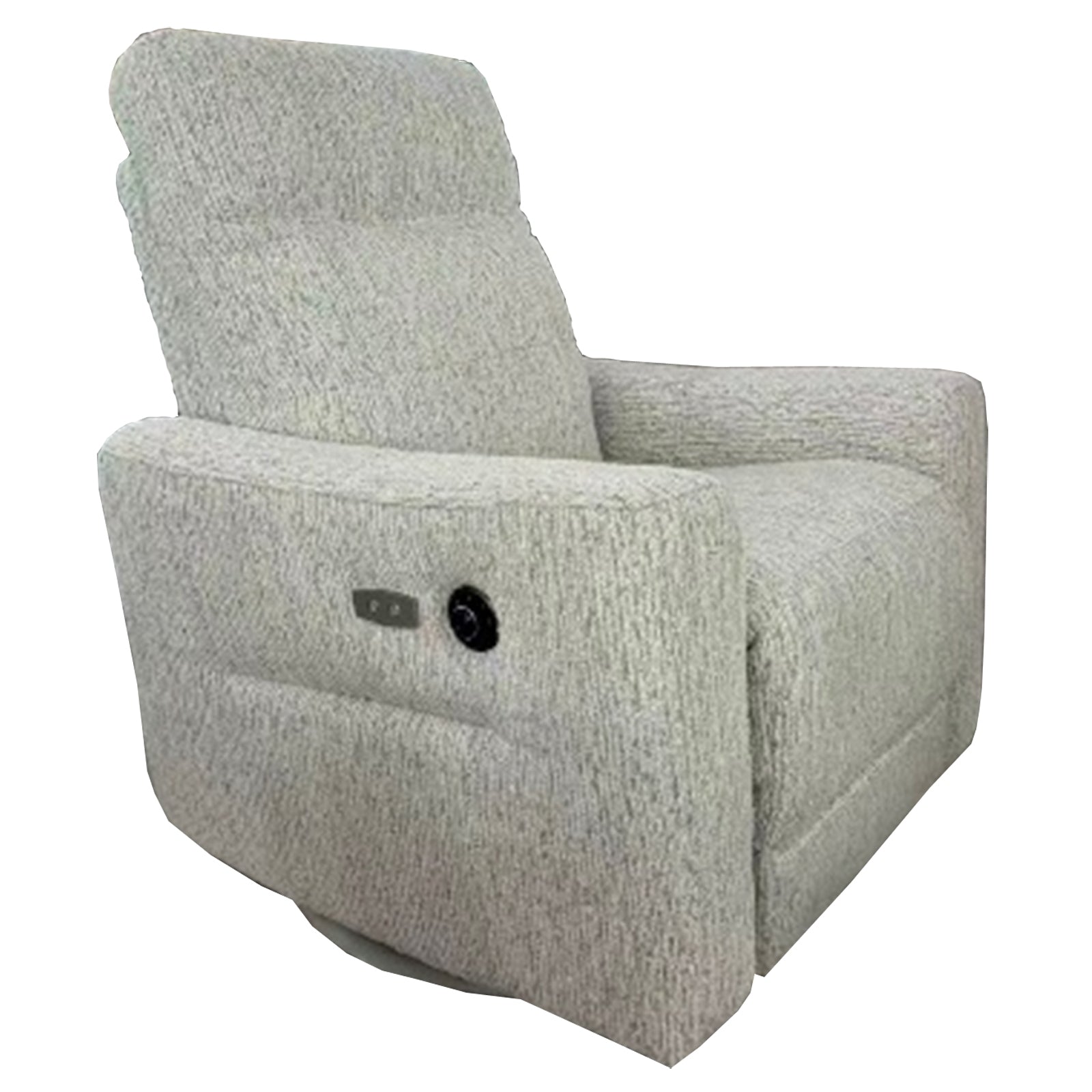 Gray recliner chair with control panel on a white background